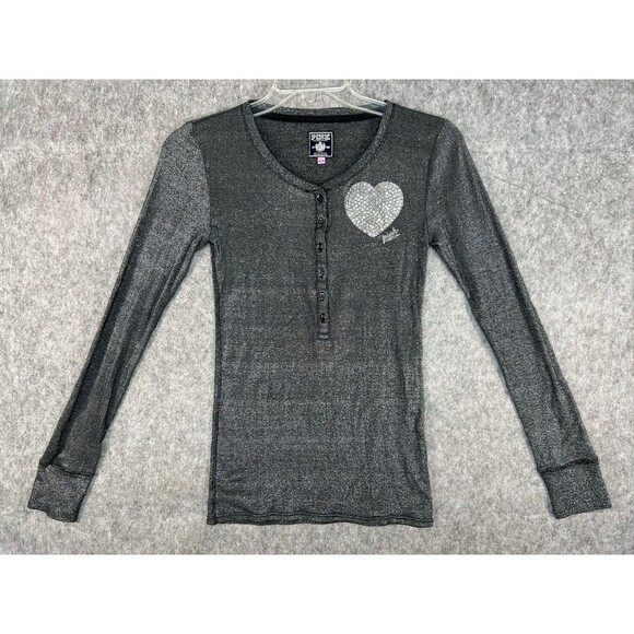 Victoria’s Secret PINK Black Metallic Henley Shirt with Rhinestone Bling Heart M - Picture 1 of 10